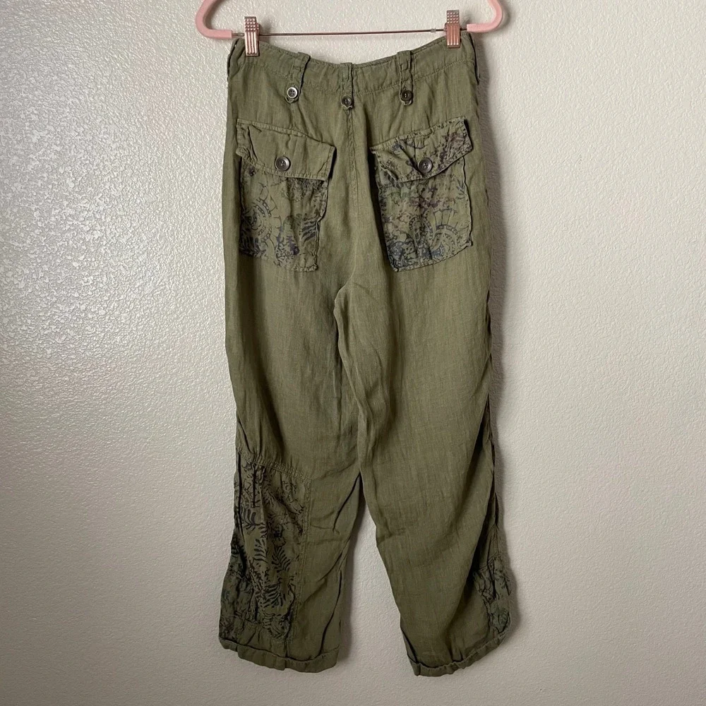 Free People Pants Womens Size 2 Green 100% Linen Boho Paisley Floral Cropped - Picture 7 of 10
